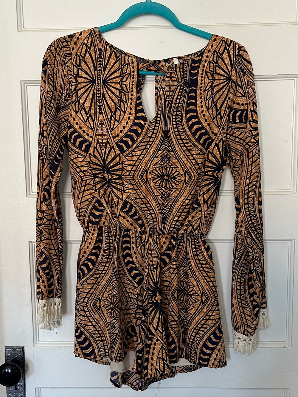 Sage - Navy and Burnt Orange Geometric Print Romper